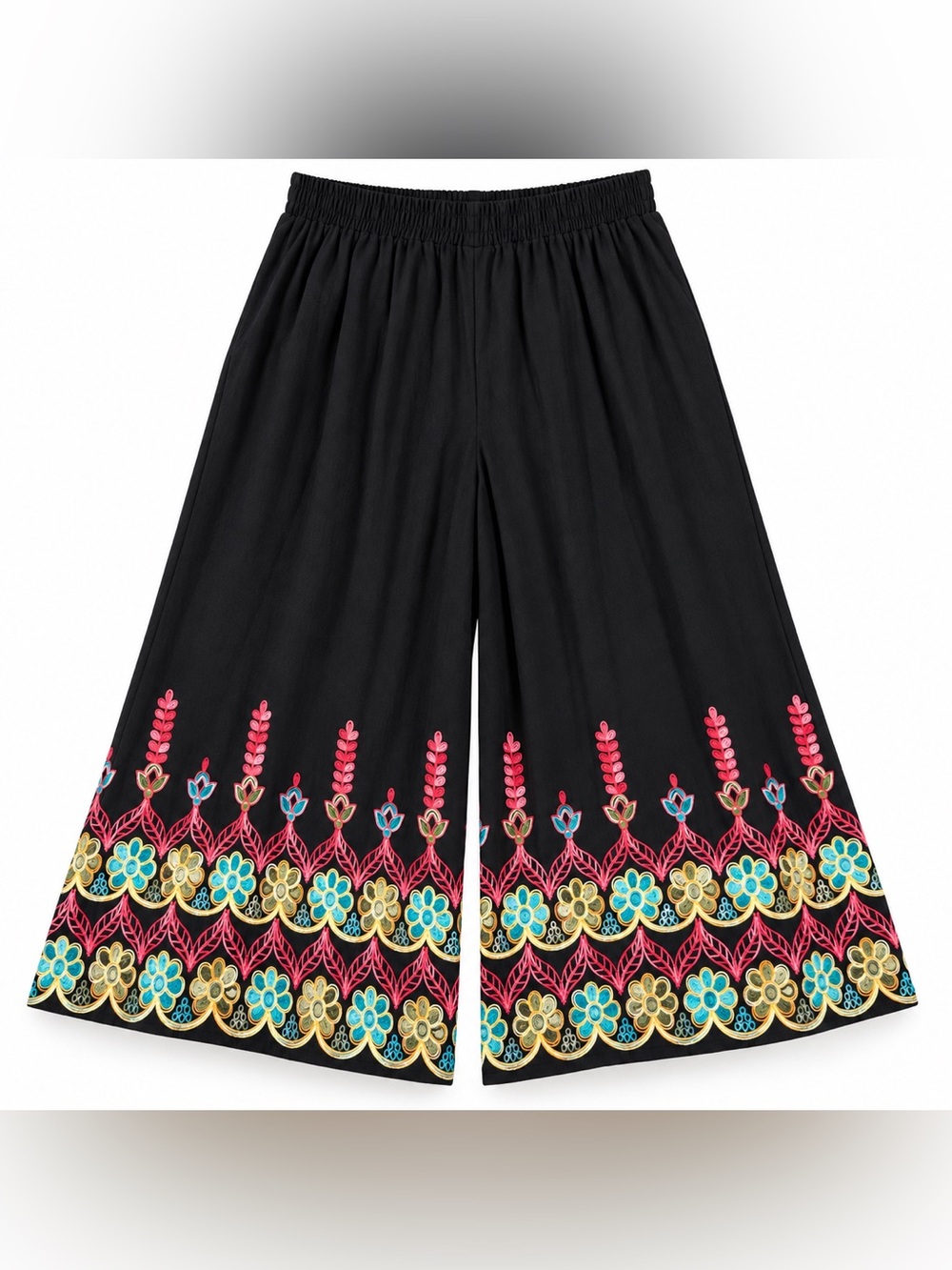 Black Embroidered Floral Hem Wide-Leg Elastic Waist Gauchos